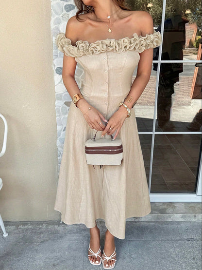 Serisse Women's Elegant Off-Shoulder Frill Trim Vacation Dress,Beige Summer Tropical Tea Party Holiday Button Up Ruffle Hem Flowy Boho Chic Midi Beach Dress