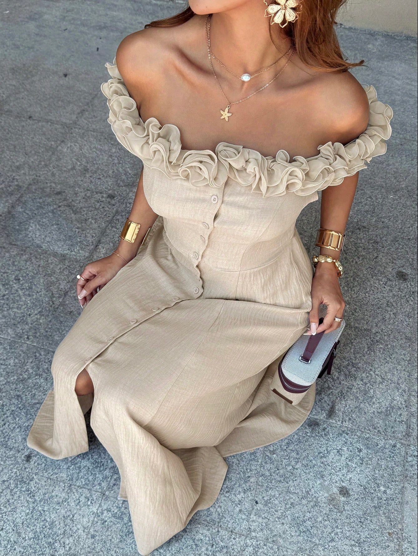 Serisse Women's Elegant Off-Shoulder Frill Trim Vacation Dress,Beige Summer Tropical Tea Party Holiday Button Up Ruffle Hem Flowy Boho Chic Midi Beach Dress