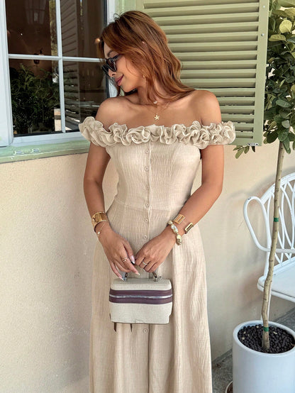 Serisse Women's Elegant Off-Shoulder Frill Trim Vacation Dress,Beige Summer Tropical Tea Party Holiday Button Up Ruffle Hem Flowy Boho Chic Midi Beach Dress