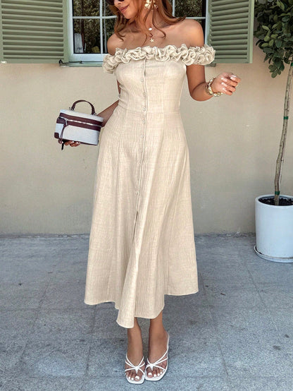 Serisse Women's Elegant Off-Shoulder Frill Trim Vacation Dress,Beige Summer Tropical Tea Party Holiday Button Up Ruffle Hem Flowy Boho Chic Midi Beach Dress