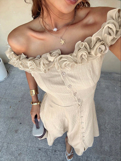 Serisse Women's Elegant Off-Shoulder Frill Trim Vacation Dress,Beige Summer Tropical Tea Party Holiday Button Up Ruffle Hem Flowy Boho Chic Midi Beach Dress