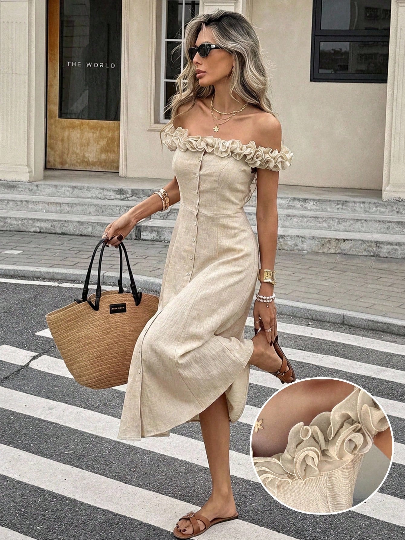 Serisse Women's Elegant Off-Shoulder Frill Trim Vacation Dress,Beige Summer Tropical Tea Party Holiday Button Up Ruffle Hem Flowy Boho Chic Midi Beach Dress