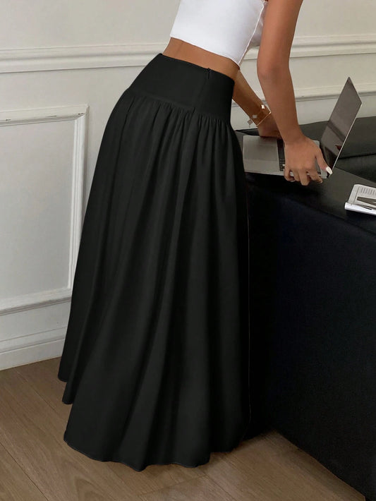 Serisse Women's Solid Color Black Pleated Simple Casual Mid-Length Skirt Winter Spring