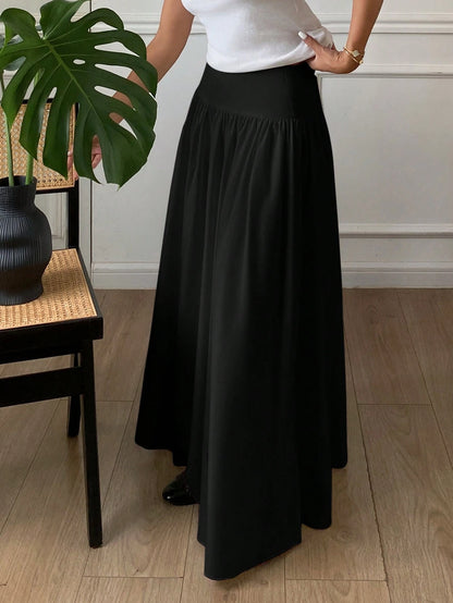 Serisse Women's Solid Color Black Pleated Simple Casual Mid-Length Skirt Winter Spring
