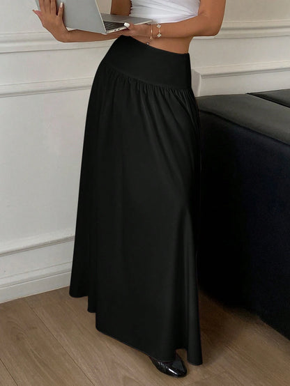 Serisse Women's Solid Color Black Pleated Simple Casual Mid-Length Skirt Winter Spring