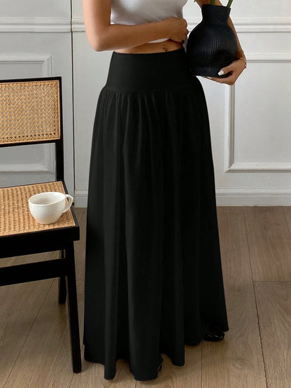 Serisse Women's Solid Color Black Pleated Simple Casual Mid-Length Skirt Winter Spring