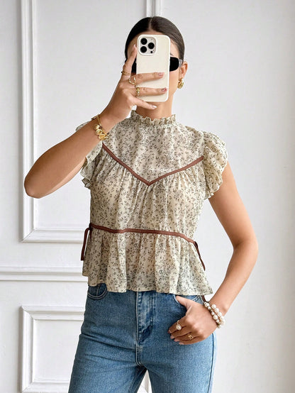 Serisse Women's Summer Elegant Brunch Beige Ditsy Floral Peplum Blouse,Boho Contrast Binding Ruffle Mock Neck Flutter Cap Sleeve Side Tie Waist Casual Top