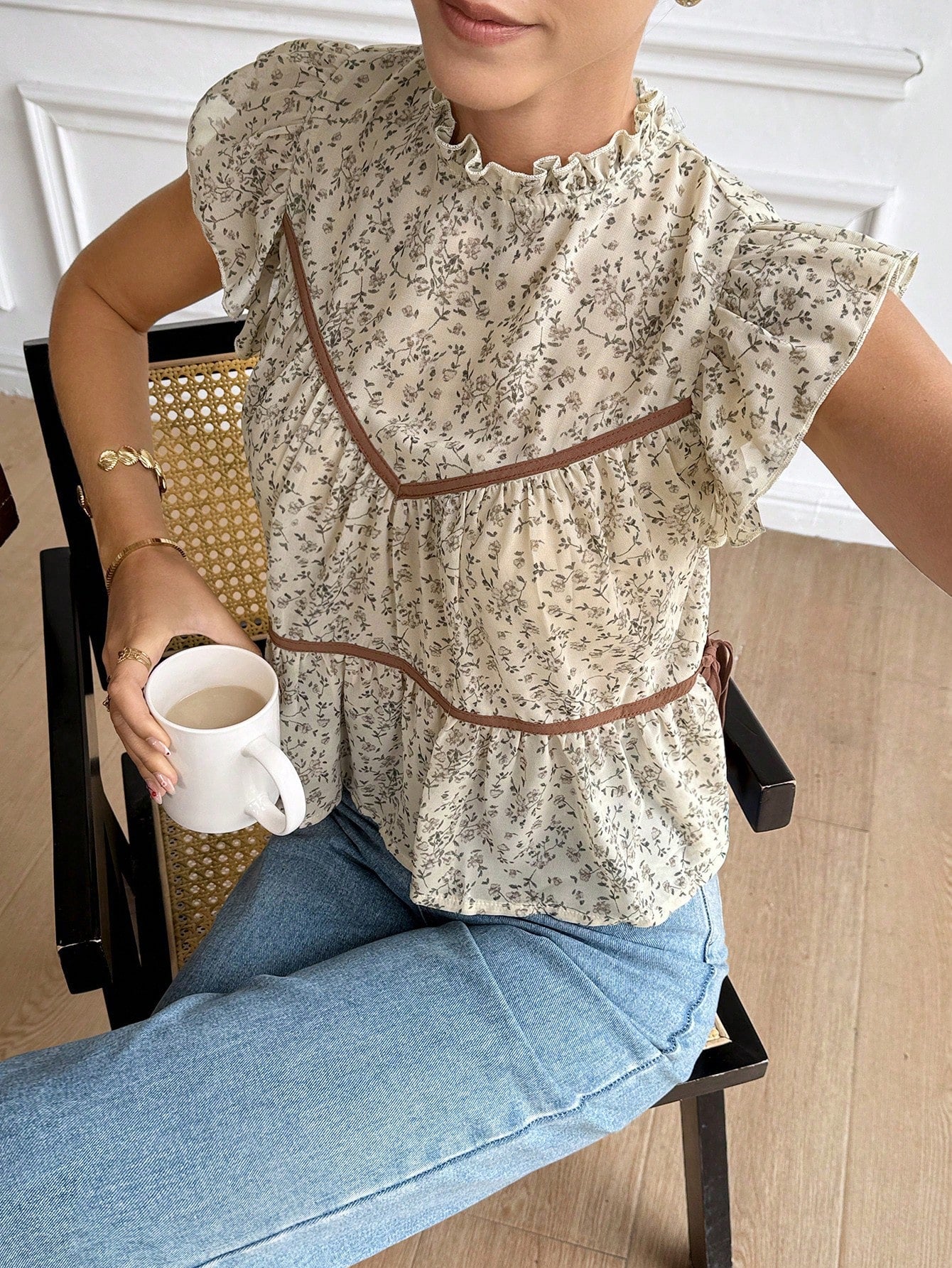 Serisse Women's Summer Elegant Brunch Beige Ditsy Floral Peplum Blouse,Boho Contrast Binding Ruffle Mock Neck Flutter Cap Sleeve Side Tie Waist Casual Top