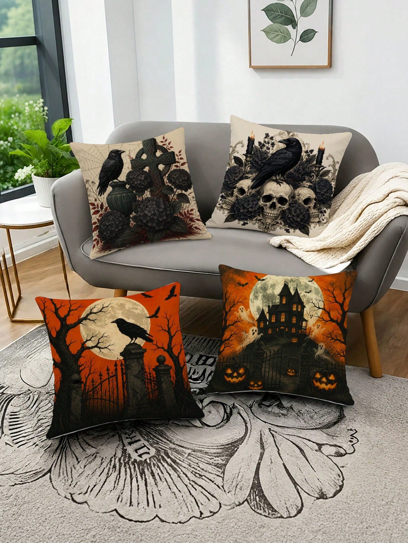 Set Of 4 Halloween Pillow Covers, Gothic Crow Moon Theme Fabric Decor For Autumn Party Decoration