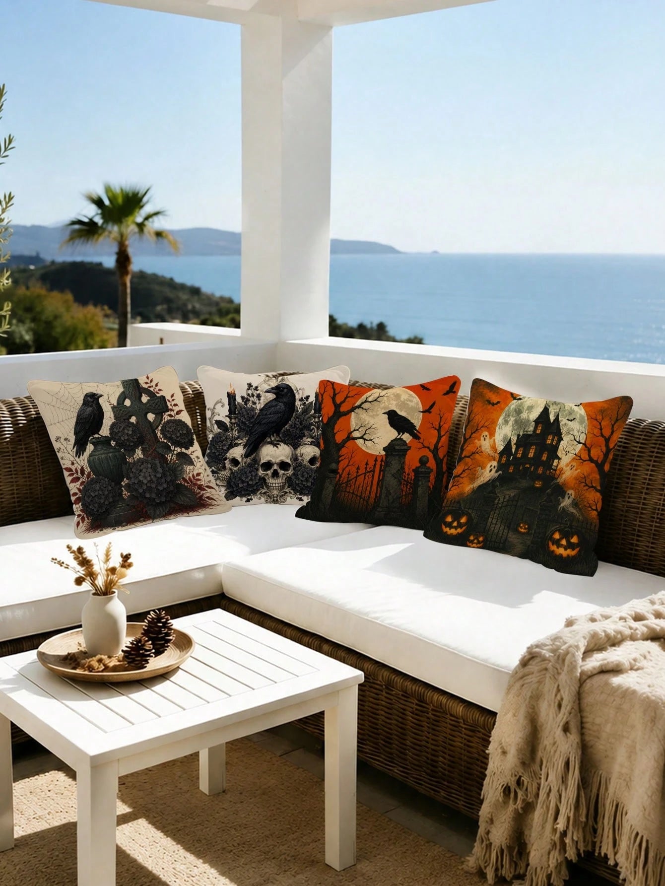 Set Of 4 Halloween Pillow Covers, Gothic Crow Moon Theme Fabric Decor For Autumn Party Decoration