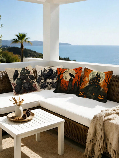 Set Of 4 Halloween Pillow Covers, Gothic Crow Moon Theme Fabric Decor For Autumn Party Decoration