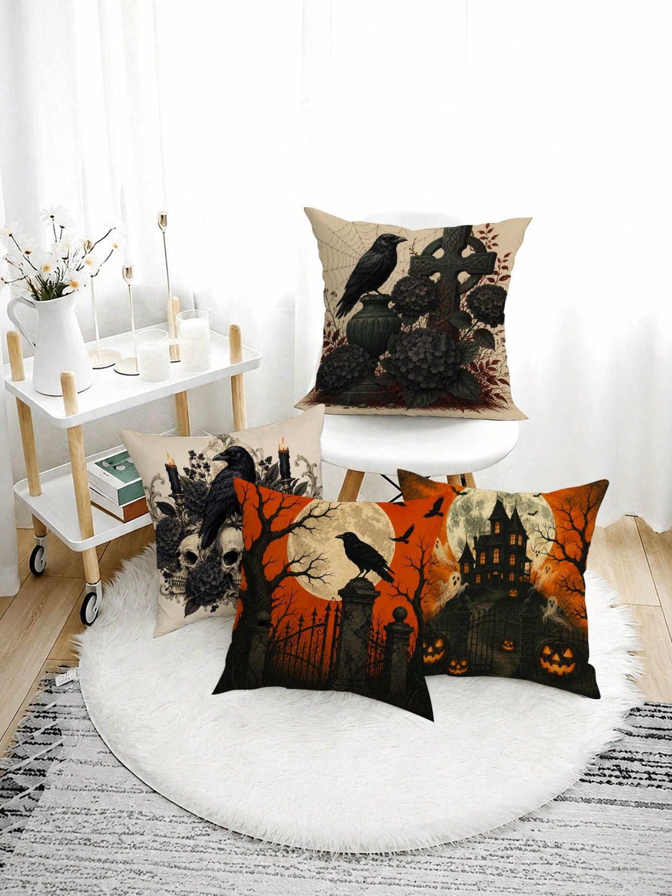 Set Of 4 Halloween Pillow Covers, Gothic Crow Moon Theme Fabric Decor For Autumn Party Decoration