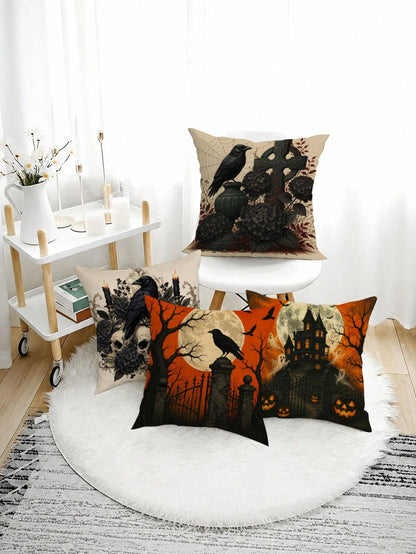 Set Of 4 Halloween Pillow Covers, Gothic Crow Moon Theme Fabric Decor For Autumn Party Decoration