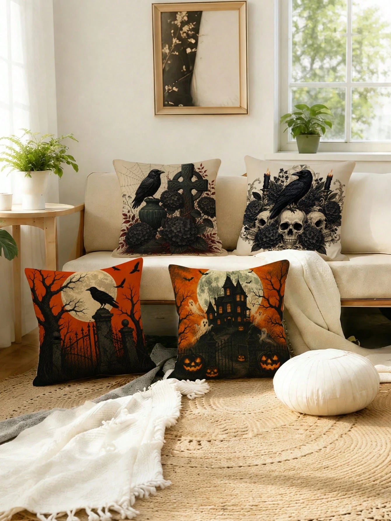Set Of 4 Halloween Pillow Covers, Gothic Crow Moon Theme Fabric Decor For Autumn Party Decoration