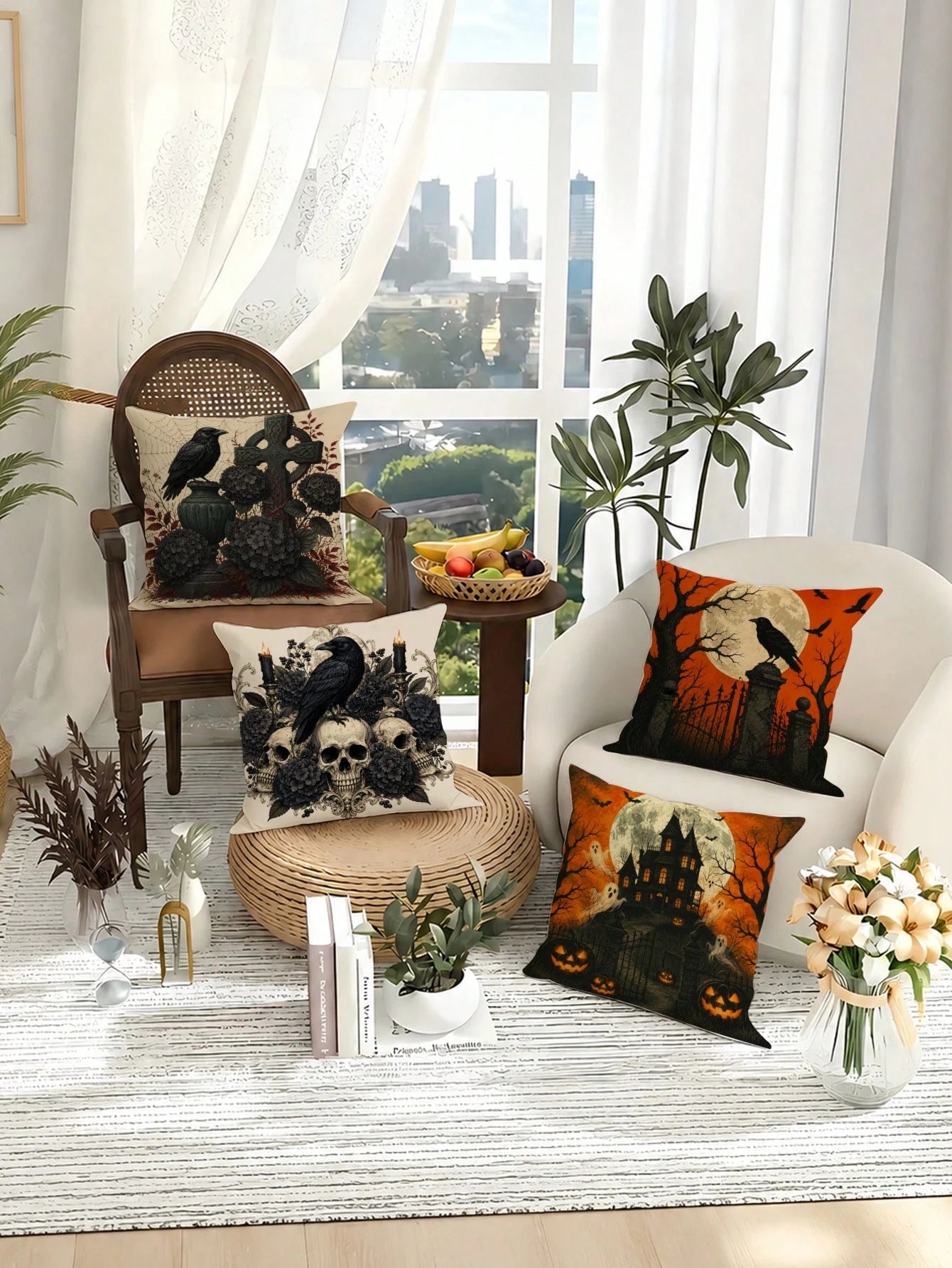 Set Of 4 Halloween Pillow Covers, Gothic Crow Moon Theme Fabric Decor For Autumn Party Decoration