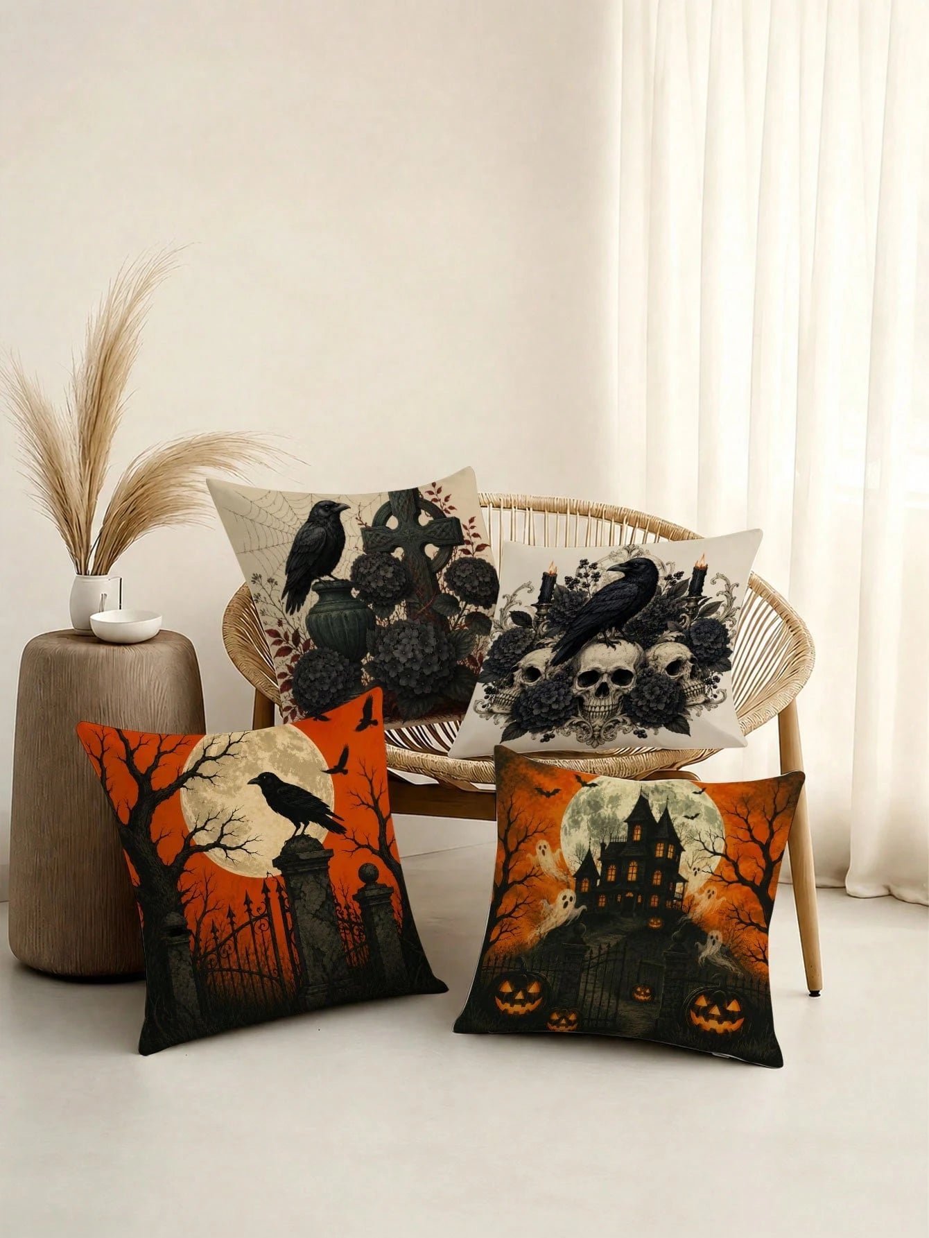 Set Of 4 Halloween Pillow Covers, Gothic Crow Moon Theme Fabric Decor For Autumn Party Decoration