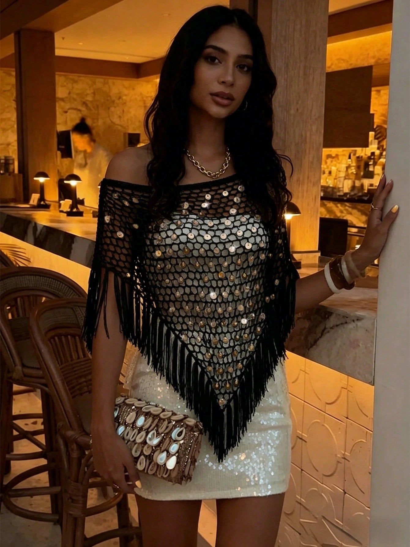 Sexy Hollow-Out Fashion Multi-Wear Fitted Sequin Tassel Shawl, 2026 New Style, Women's Vacation Outfit, Summer Holiday, This Khaki Shiny Knit Hollow-Out Shawl Is Perfect For Beach Vacation, Casual Dat