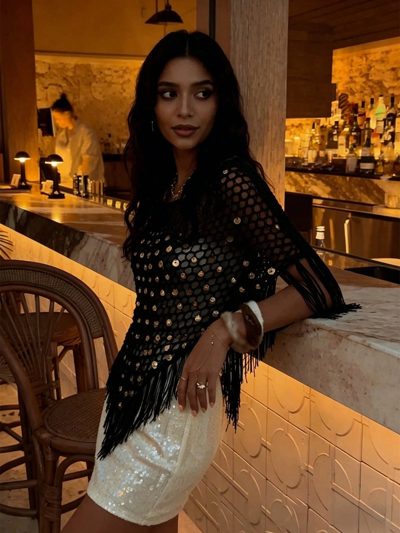 Sexy Hollow-Out Fashion Multi-Wear Fitted Sequin Tassel Shawl, 2026 New Style, Women's Vacation Outfit, Summer Holiday, This Khaki Shiny Knit Hollow-Out Shawl Is Perfect For Beach Vacation, Casual Dat