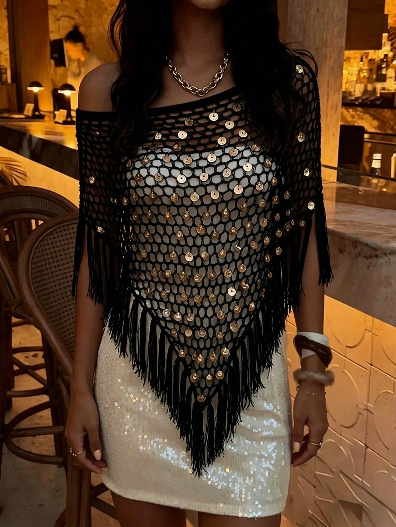 Sexy Hollow-Out Fashion Multi-Wear Fitted Sequin Tassel Shawl, 2026 New Style, Women's Vacation Outfit, Summer Holiday, This Khaki Shiny Knit Hollow-Out Shawl Is Perfect For Beach Vacation, Casual Dat