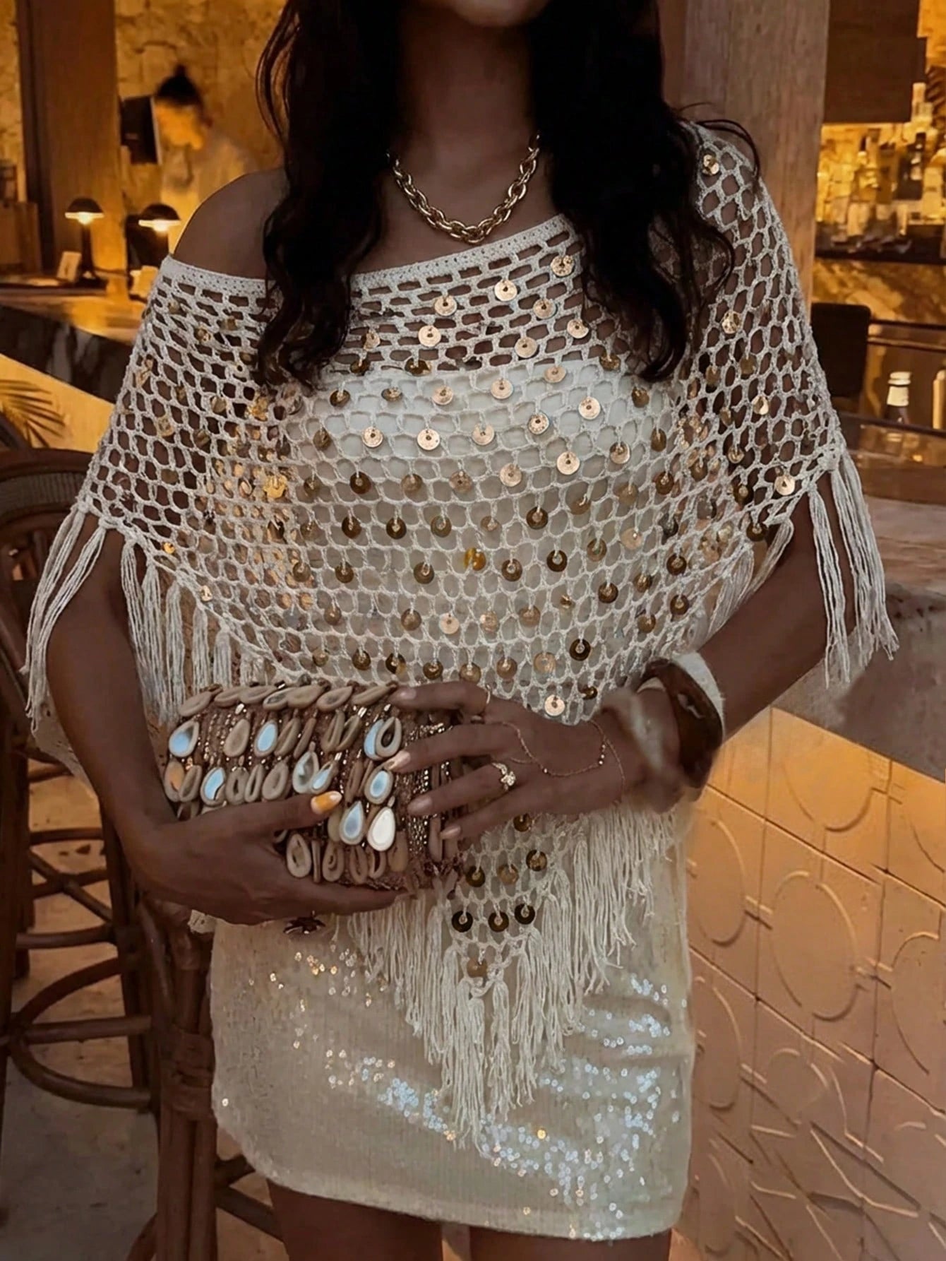 Sexy Hollow-Out Fashion Multi-Wear Fitted Sequin Tassel Shawl, 2026 New Style, Women's Vacation Outfit, Summer Holiday, This Khaki Shiny Knit Hollow-Out Shawl Is Perfect For Beach Vacation, Casual Dat
