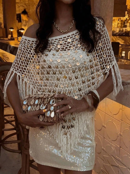 Sexy Hollow-Out Fashion Multi-Wear Fitted Sequin Tassel Shawl, 2026 New Style, Women's Vacation Outfit, Summer Holiday, This Khaki Shiny Knit Hollow-Out Shawl Is Perfect For Beach Vacation, Casual Dat
