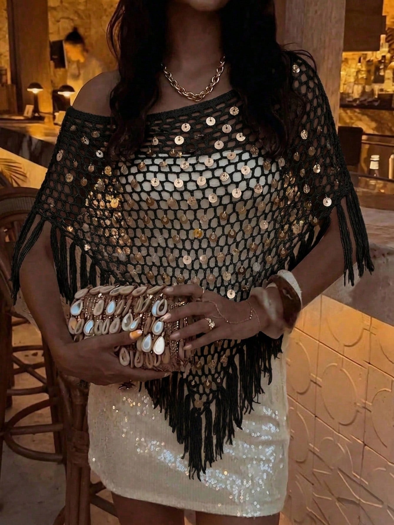 Sexy Hollow-Out Fashion Multi-Wear Fitted Sequin Tassel Shawl, 2026 New Style, Women's Vacation Outfit, Summer Holiday, This Khaki Shiny Knit Hollow-Out Shawl Is Perfect For Beach Vacation, Casual Dat
