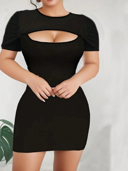 Sexy Solid Color Hollow Out Fitted Short Sleeve Dress, Summer Casual Black Elegant