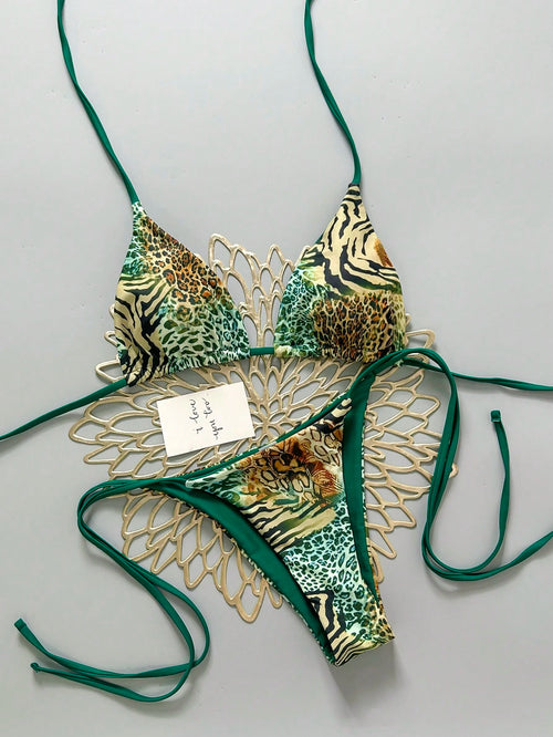 Sexy Vintage Leopard Print Pattern Bikini 2 Pieces Set For Women Vacation Beach Summer, Y2K Aesthetic