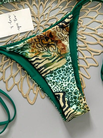 Sexy Vintage Leopard Print Pattern Bikini 2 Pieces Set For Women Vacation Beach Summer, Y2K Aesthetic