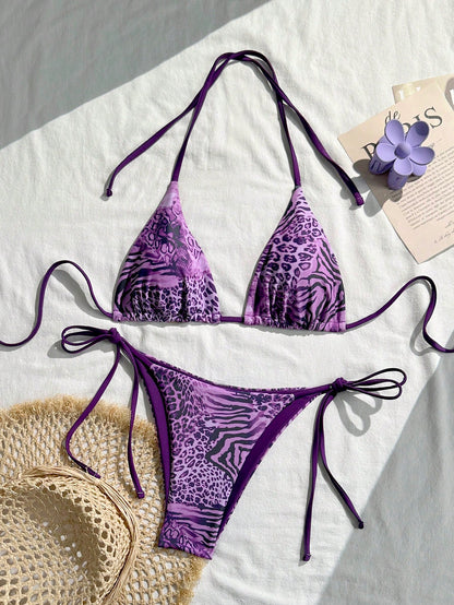 Sexy Vintage Leopard Print Pattern Bikini 2 Pieces Set For Women Vacation Beach Summer, Y2K Aesthetic