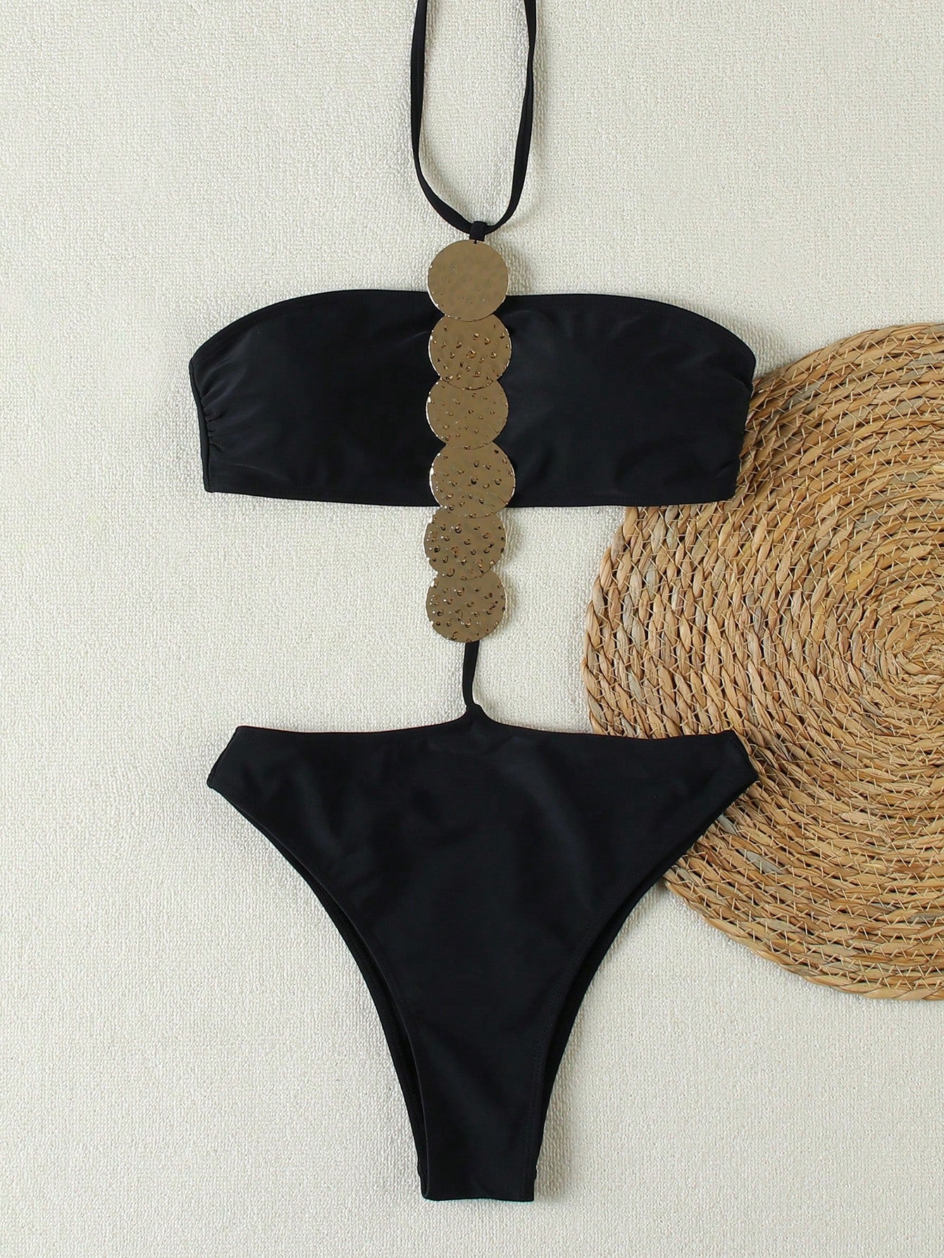 Sexy Women's Metallic Sequined Cutout Halter Neck Black One-Piece Swimsuit Summer Spring 2026 Beach Holiday Outfits,Birthday Outfits For Women