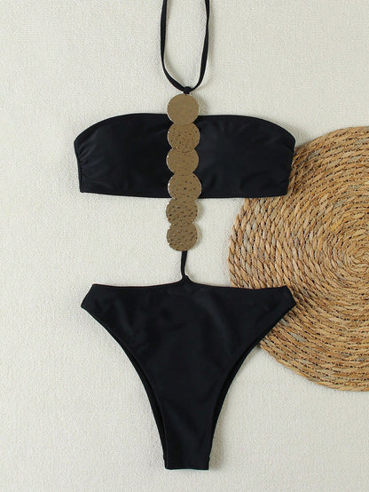 Sexy Women's Metallic Sequined Cutout Halter Neck Black One-Piece Swimsuit Summer Spring 2026 Beach Holiday Outfits,Birthday Outfits For Women