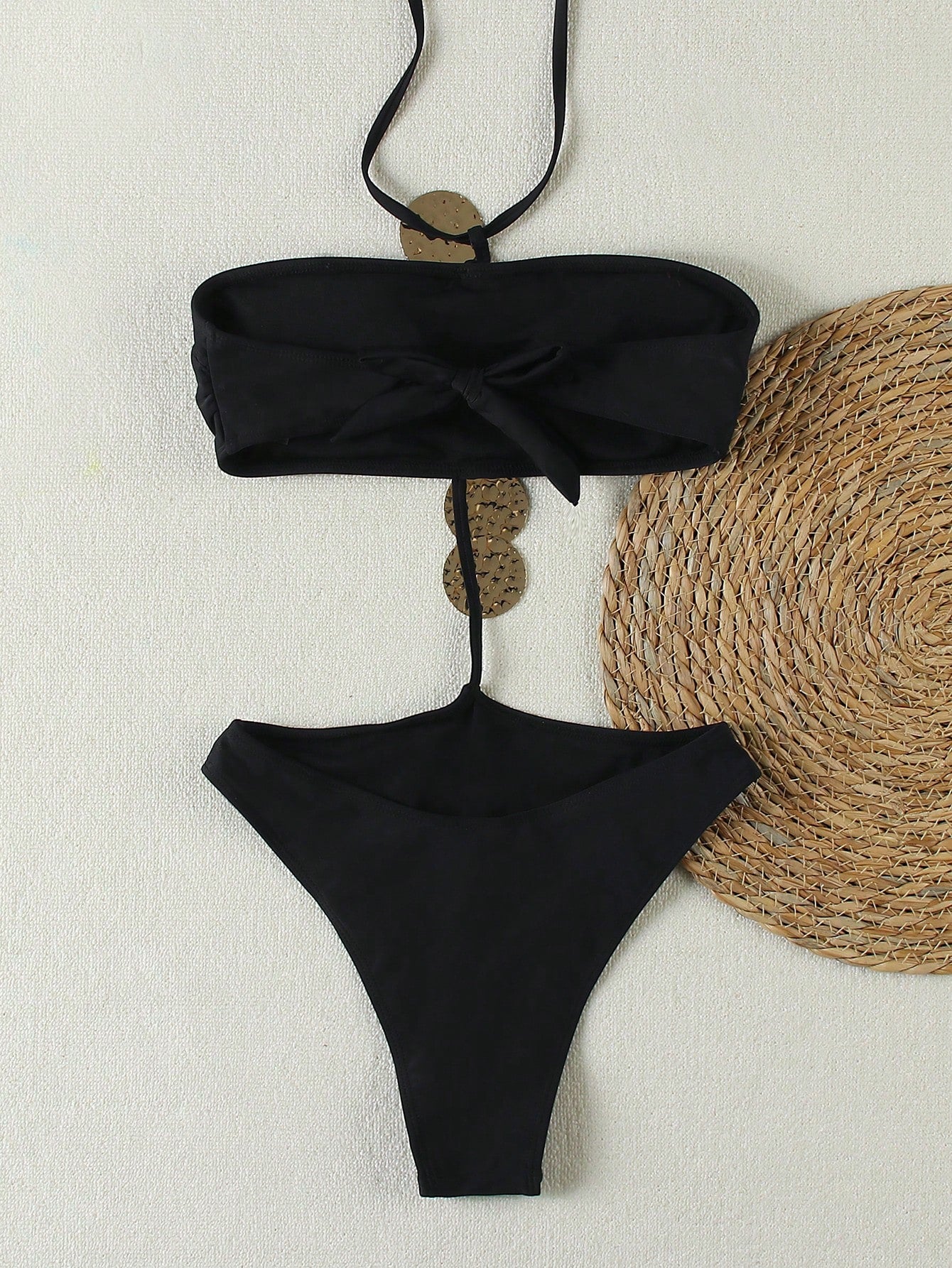 Sexy Women's Metallic Sequined Cutout Halter Neck Black One-Piece Swimsuit Summer Spring 2026 Beach Holiday Outfits,Birthday Outfits For Women