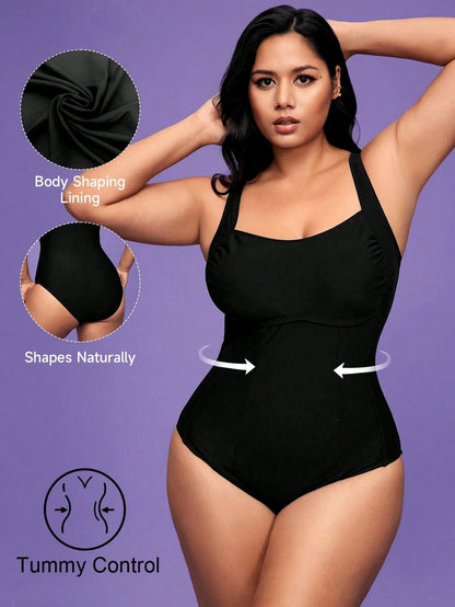 Shapewave 1pc Plus Size Women Solid Color Ruched One-Piece Swimsuit For Summer Beach Vacation