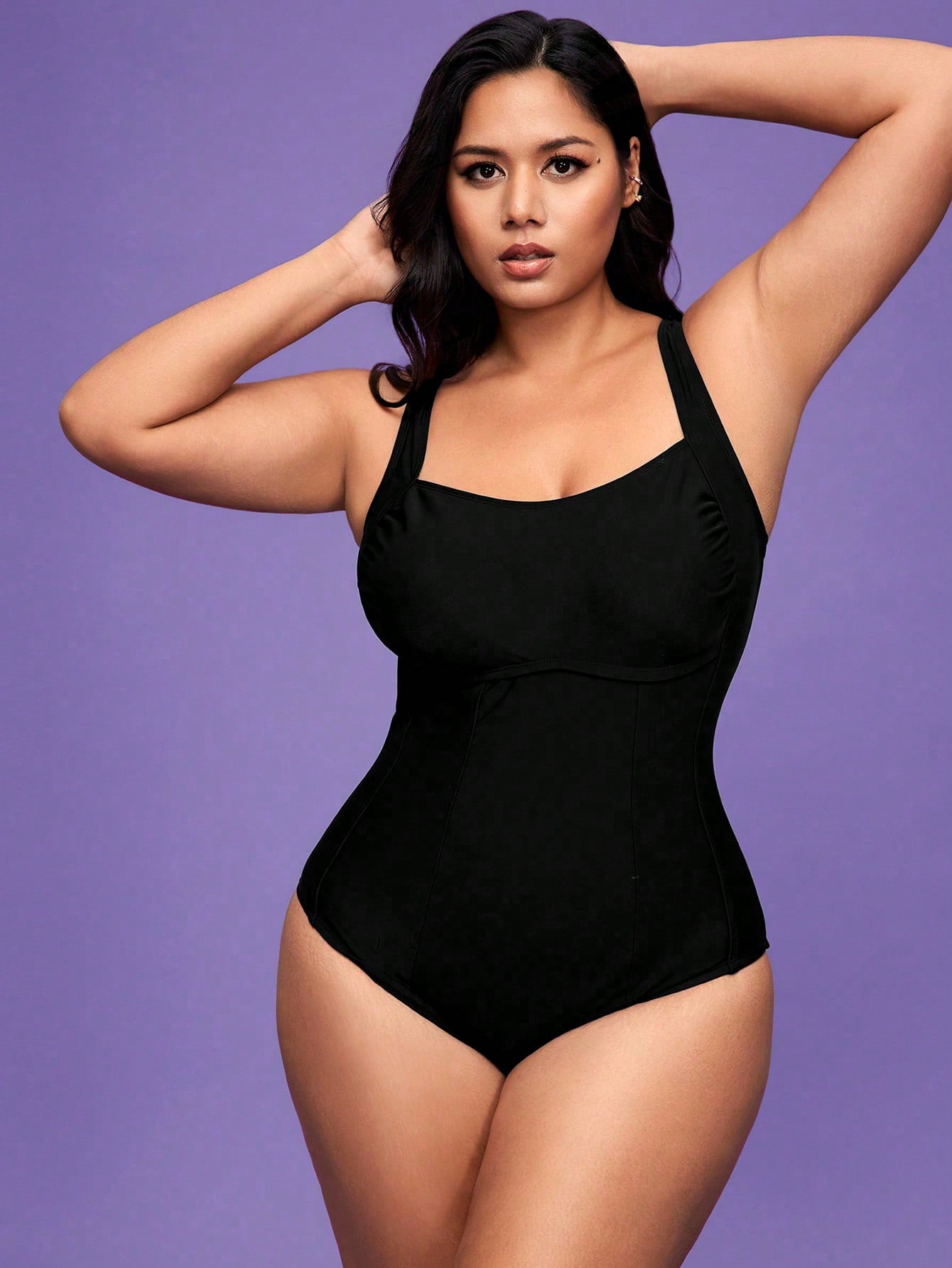 Shapewave 1pc Plus Size Women Solid Color Ruched One-Piece Swimsuit For Summer Beach Vacation