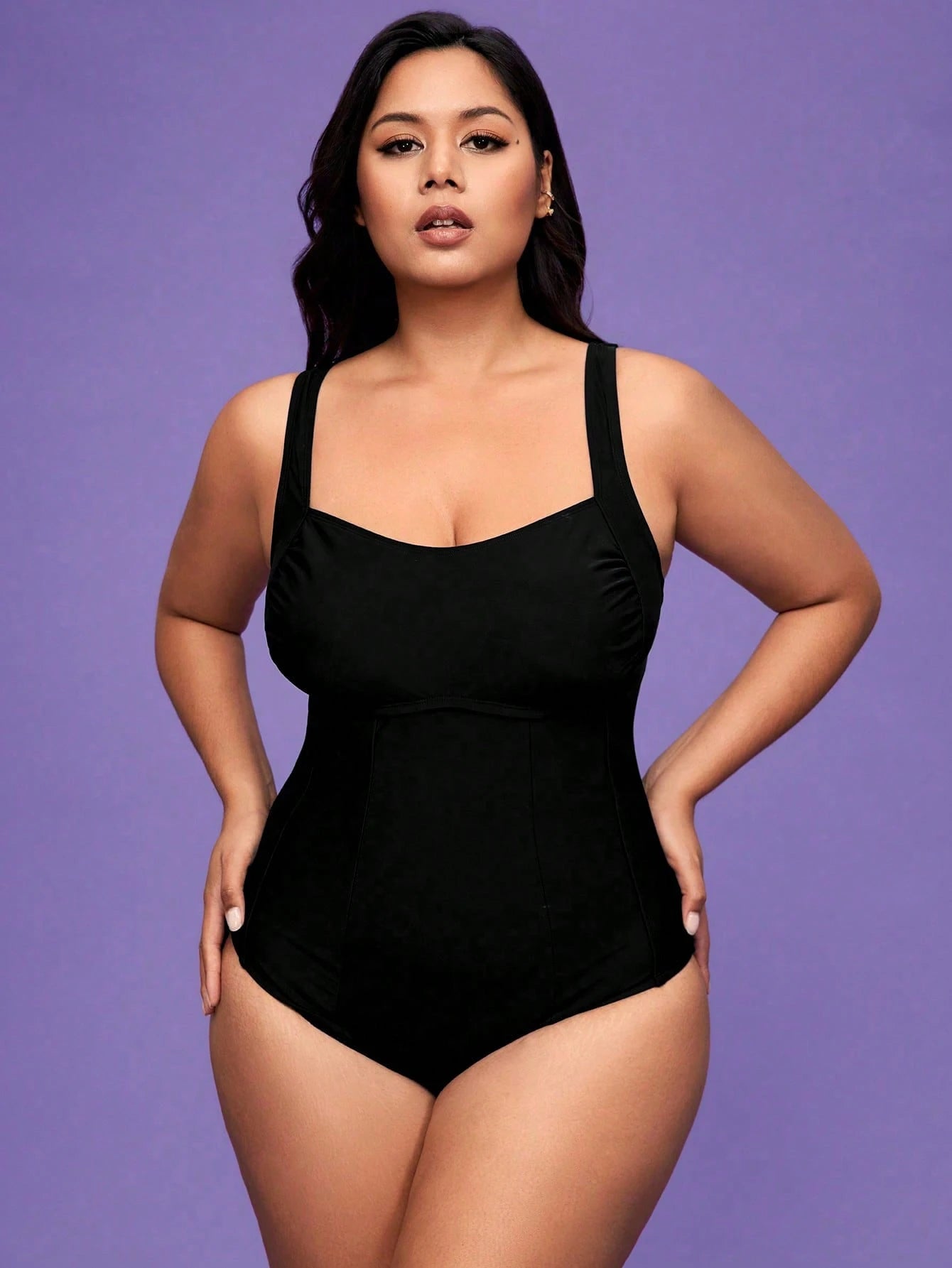 Shapewave 1pc Plus Size Women Solid Color Ruched One-Piece Swimsuit For Summer Beach Vacation