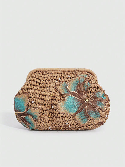 SHECARRY 1Pc Vacation Style  Sequin Flower Clasp Dumpling Bag,A Tropical Beach Clutch, Spring Summer Straw Bag,A Fashion Chain Crossbody Bag For Women,Holiday