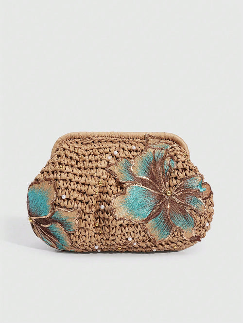 SHECARRY 1Pc Vacation Style  Sequin Flower Clasp Dumpling Bag,A Tropical Beach Clutch, Spring Summer Straw Bag,A Fashion Chain Crossbody Bag For Women,Holiday