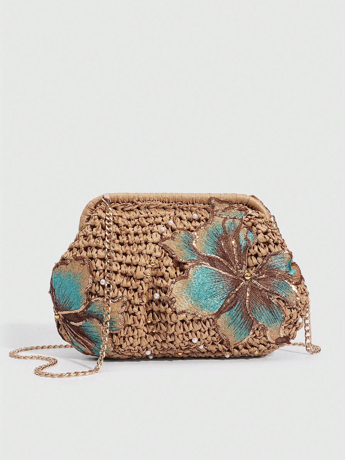 SHECARRY 1Pc Vacation Style  Sequin Flower Clasp Dumpling Bag,A Tropical Beach Clutch, Spring Summer Straw Bag,A Fashion Chain Crossbody Bag For Women,Holiday