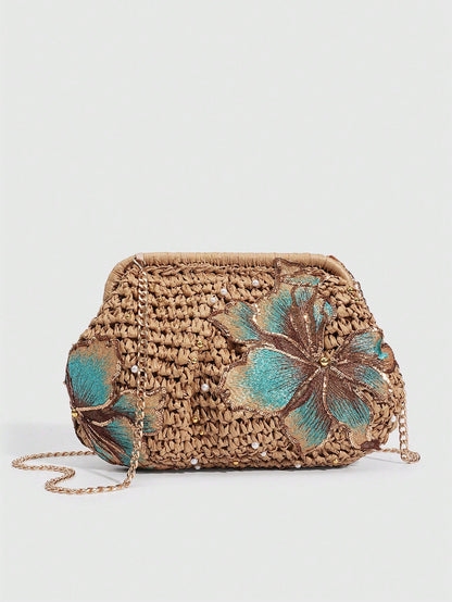 SHECARRY 1Pc Vacation Style  Sequin Flower Clasp Dumpling Bag,A Tropical Beach Clutch, Spring Summer Straw Bag,A Fashion Chain Crossbody Bag For Women,Holiday