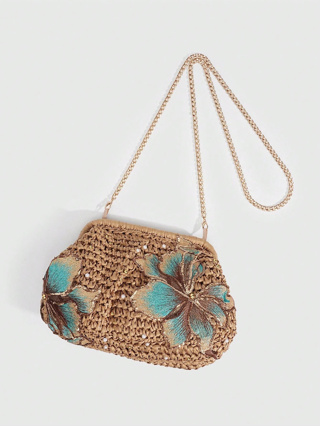 SHECARRY 1Pc Vacation Style  Sequin Flower Clasp Dumpling Bag,A Tropical Beach Clutch, Spring Summer Straw Bag,A Fashion Chain Crossbody Bag For Women,Holiday