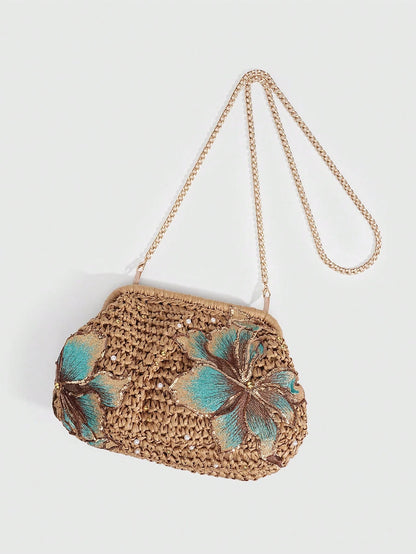 SHECARRY 1Pc Vacation Style  Sequin Flower Clasp Dumpling Bag,A Tropical Beach Clutch, Spring Summer Straw Bag,A Fashion Chain Crossbody Bag For Women,Holiday