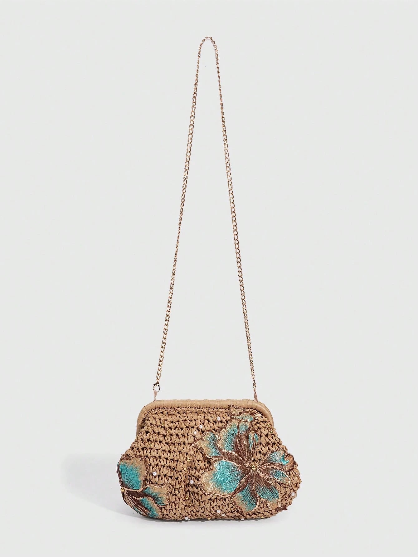 SHECARRY 1Pc Vacation Style  Sequin Flower Clasp Dumpling Bag,A Tropical Beach Clutch, Spring Summer Straw Bag,A Fashion Chain Crossbody Bag For Women,Holiday