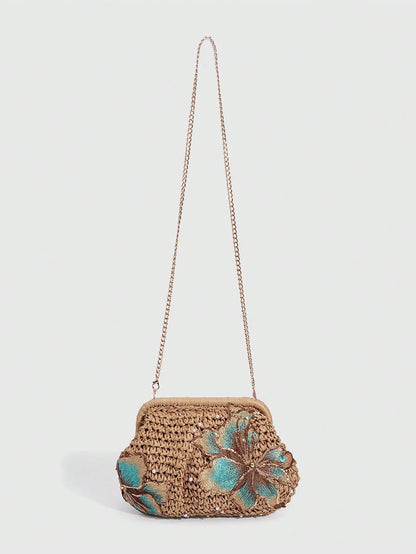 SHECARRY 1Pc Vacation Style  Sequin Flower Clasp Dumpling Bag,A Tropical Beach Clutch, Spring Summer Straw Bag,A Fashion Chain Crossbody Bag For Women,Holiday