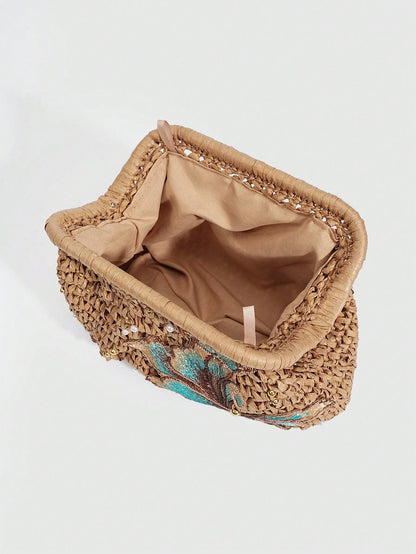 SHECARRY 1Pc Vacation Style  Sequin Flower Clasp Dumpling Bag,A Tropical Beach Clutch, Spring Summer Straw Bag,A Fashion Chain Crossbody Bag For Women,Holiday