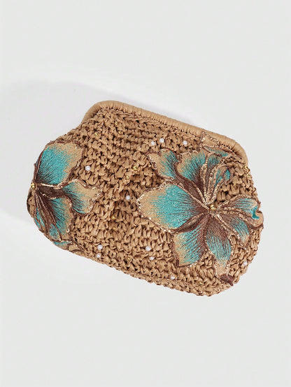 SHECARRY 1Pc Vacation Style  Sequin Flower Clasp Dumpling Bag,A Tropical Beach Clutch, Spring Summer Straw Bag,A Fashion Chain Crossbody Bag For Women,Holiday