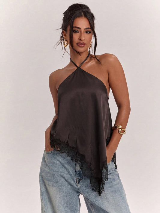 SHEIN BAE Cashmere Apricot Women's Solid Color Contrast Lace Asymmetric Shoulder Side Slit Fashion T-Shirt, Summer Top, Lace Contrast Top, Suitable For All Seasons, Casual Wear, Shopping, Work, School