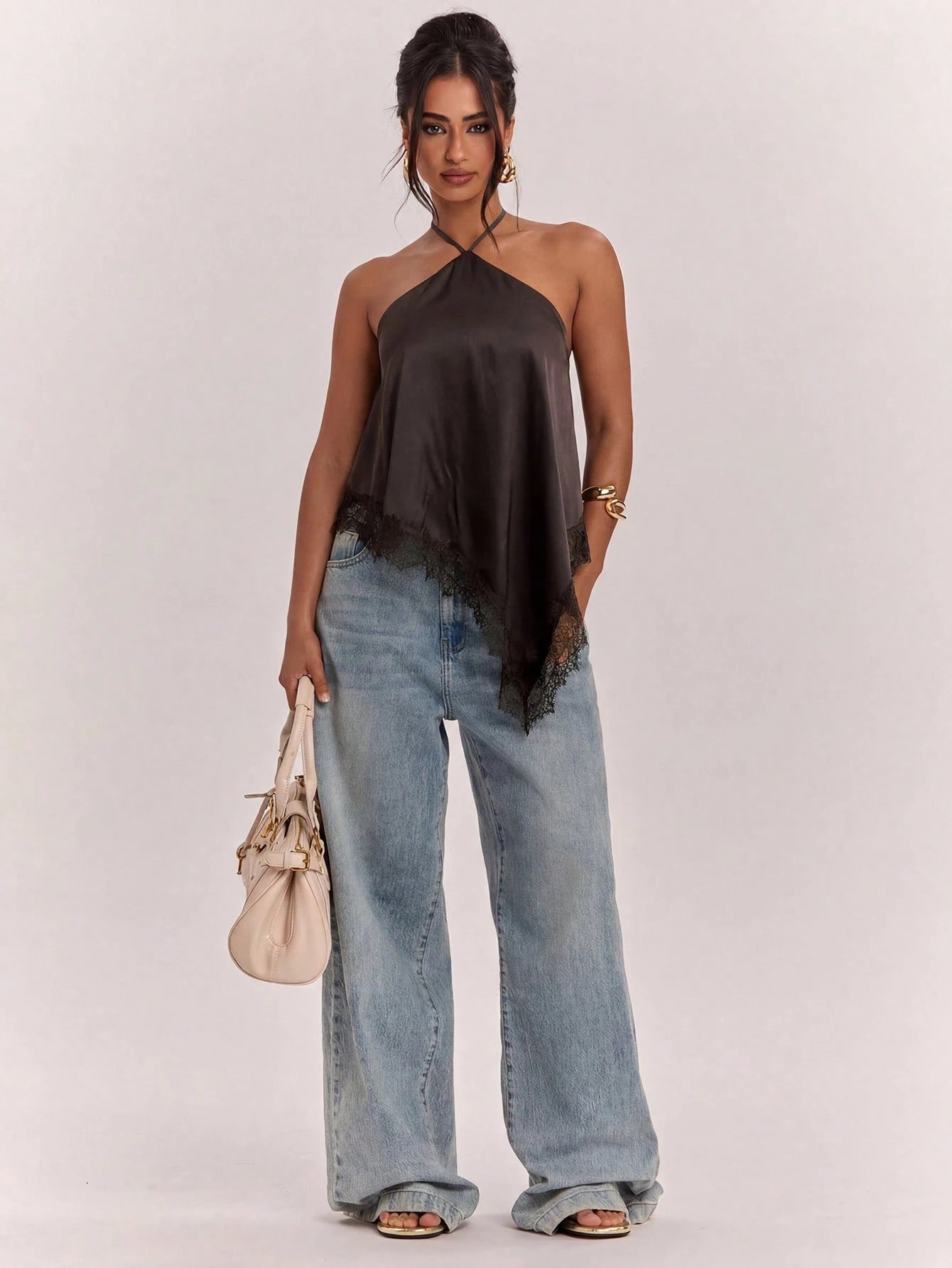 SHEIN BAE Cashmere Apricot Women's Solid Color Contrast Lace Asymmetric Shoulder Side Slit Fashion T-Shirt, Summer Top, Lace Contrast Top, Suitable For All Seasons, Casual Wear, Shopping, Work, School