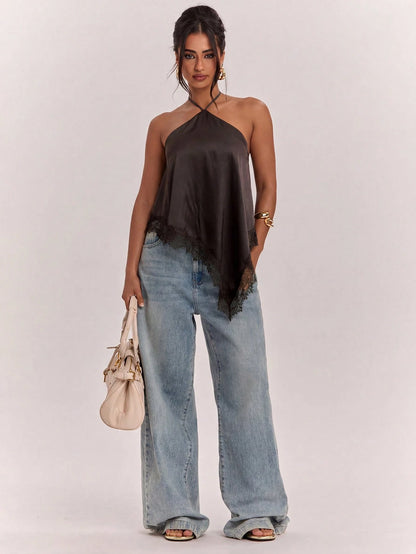 SHEIN BAE Cashmere Apricot Women's Solid Color Contrast Lace Asymmetric Shoulder Side Slit Fashion T-Shirt, Summer Top, Lace Contrast Top, Suitable For All Seasons, Casual Wear, Shopping, Work, School