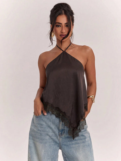 SHEIN BAE Cashmere Apricot Women's Solid Color Contrast Lace Asymmetric Shoulder Side Slit Fashion T-Shirt, Summer Top, Lace Contrast Top, Suitable For All Seasons, Casual Wear, Shopping, Work, School